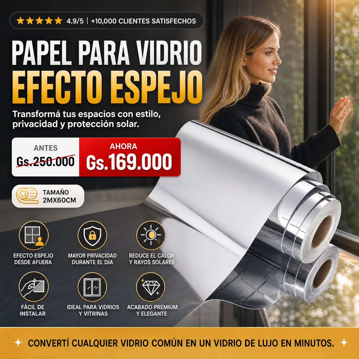 Papel para vidrio efecto espejo TAMAÑO: 2MX60CM