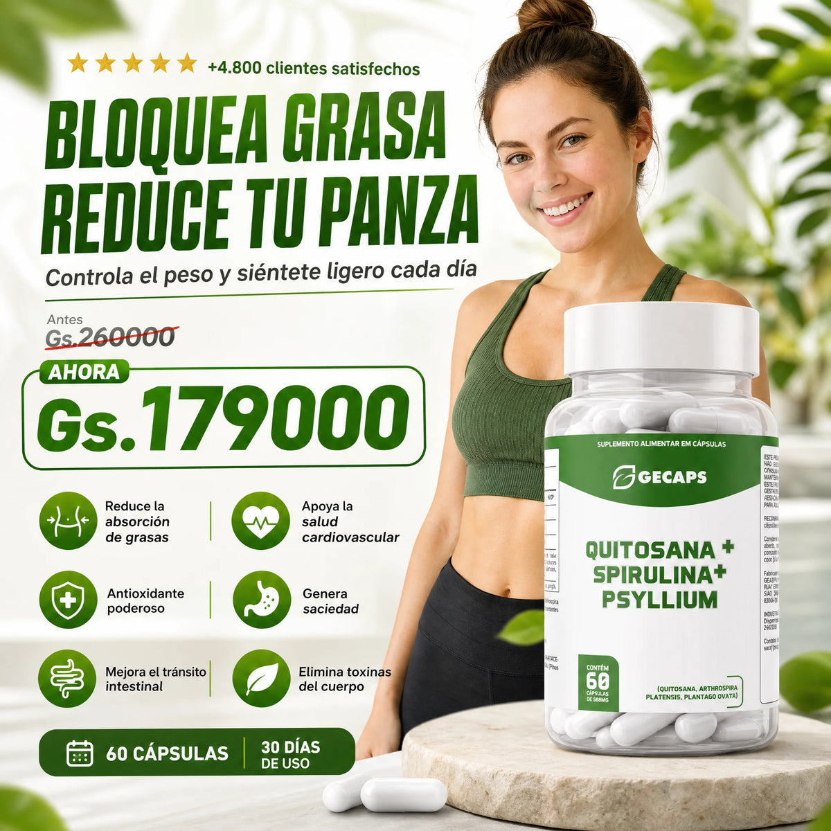 QPS (Quitosana + Spirulina + Psyllium) - 60 Cáps.